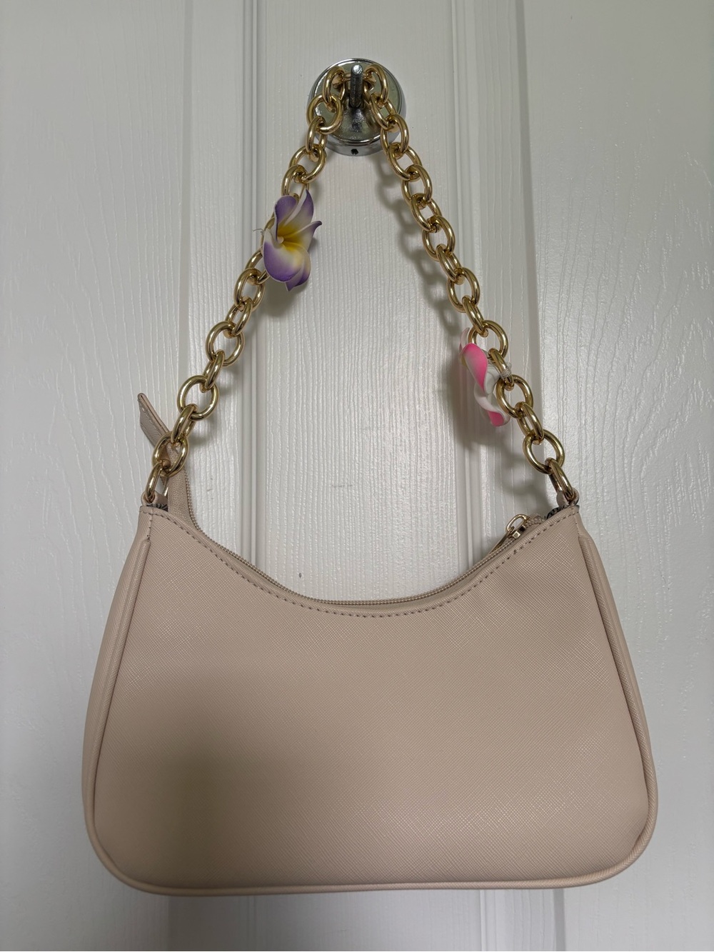 Beige Chain-Handle Shoulder Bag